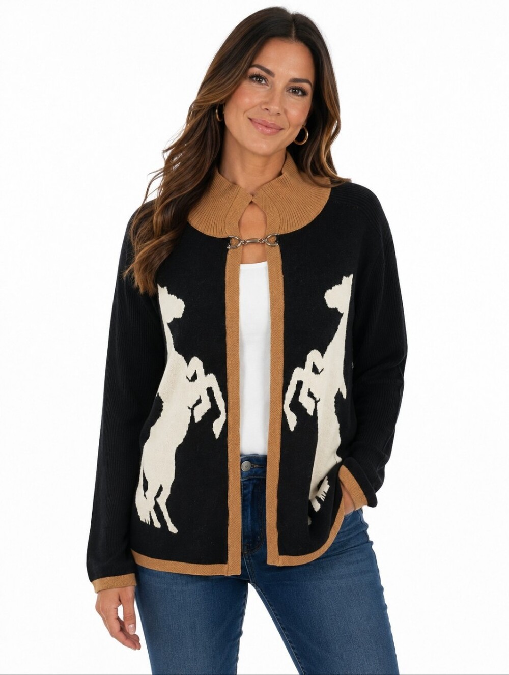 THML Mock Neck Horse Knit Cardigan Sweater Size Large